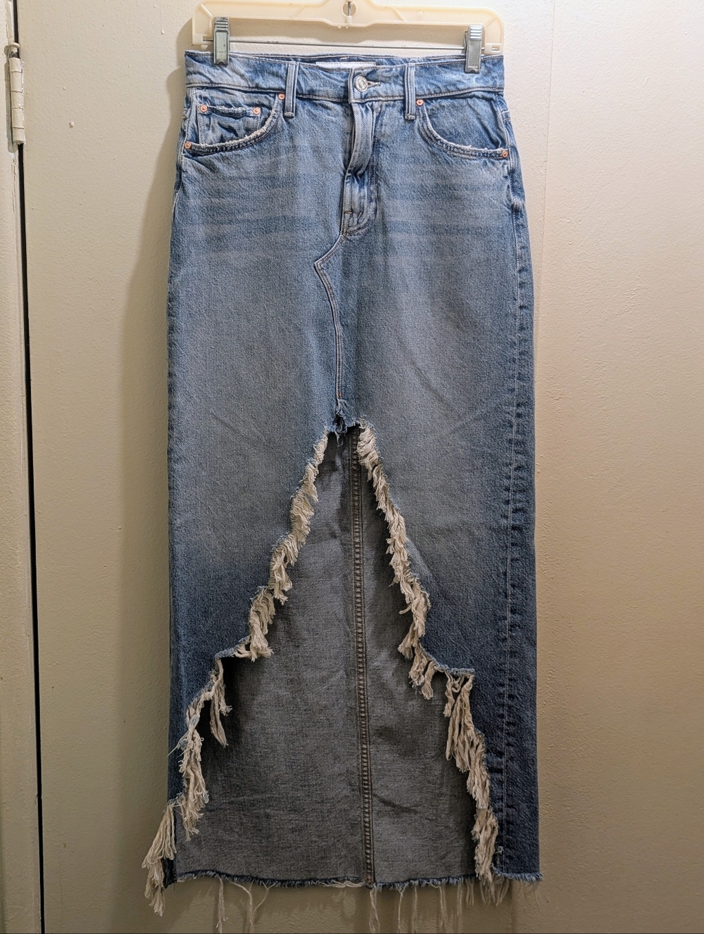 MOTHER The Ditcher Maxi Super Fray Split Denim Jean Skirt Light Blue- 25=0 - Picture 5 of 16